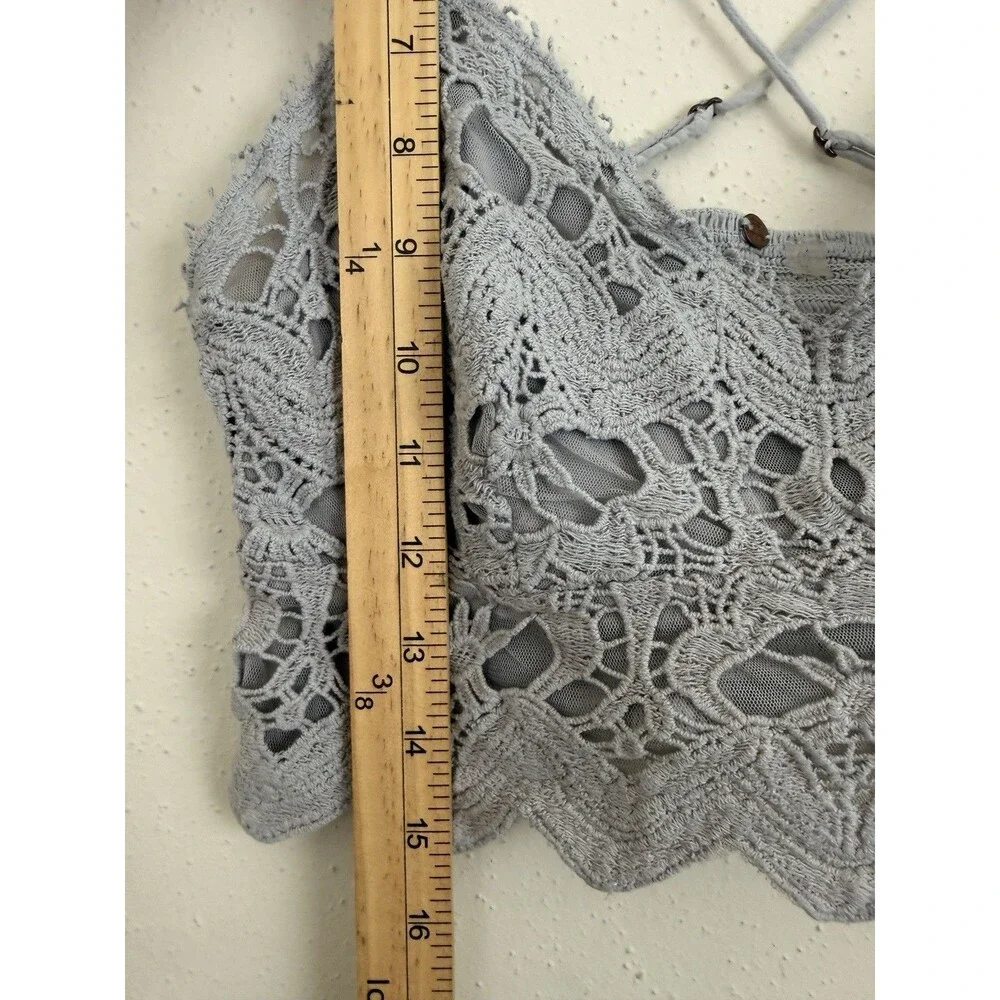 Free People FP One Crochet Lingerie Top L Gray Lace Boho Strappy V-Neck Cropped
